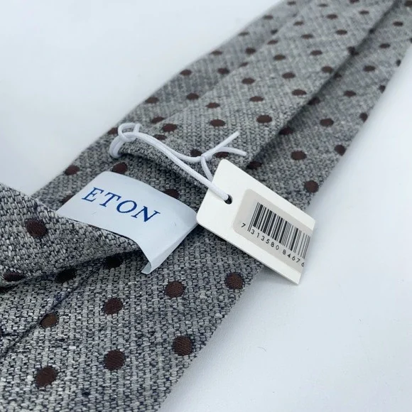 Eton Tie Mens One Size‎ Gray Brown Polka Dot Silk Classic Necktie Italy Made